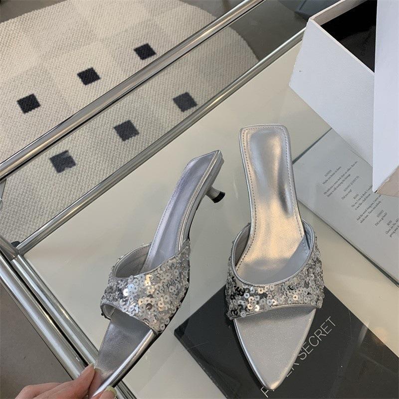 Fish Mouth Slippers Women's Rhinestone Shoes Pointed Fashion Black Beach New Sandals Sequins High Heels Silver Sandals