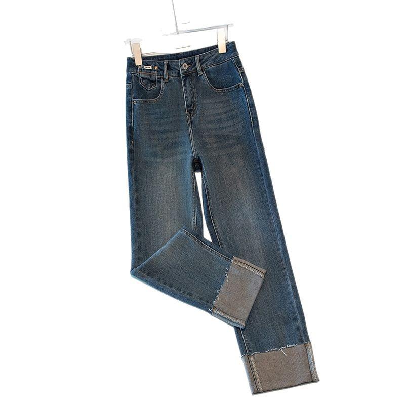Women's High Waist Cuffed Slim Fit Straight Leg Retro Blue Jeans, Spring/Autumn 2025 Collection