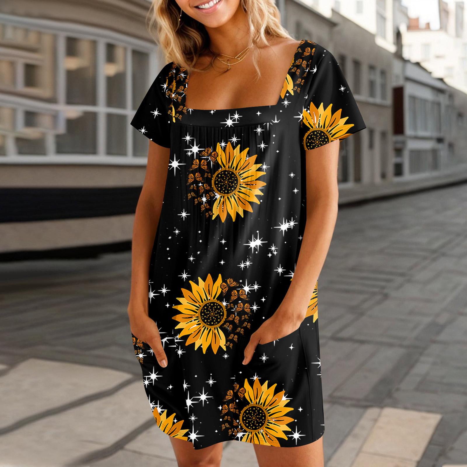 

Женские летние повседневные платья с квадратным вырезом, плиссировкой спереди и карманом, с короткими рукавами и принтом M чёрный