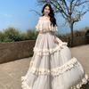 French Retro Ethnic Ruffle Leaf Edge Shoulder Dress Women's Summer Seaside Vacation Feeling Big Skirt Long Dress