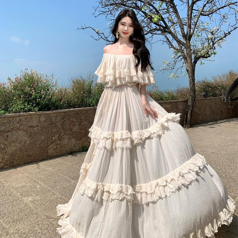 French Retro Ethnic Ruffle Leaf Edge Shoulder Dress Women's Summer Seaside Vacation Feeling Big Skirt Long Dress