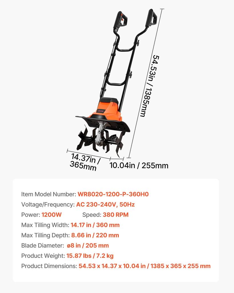 Corded Electric Tiller, 36cm Tilling Width Garden Rototiller, 1200W Motor Heavy-Duty Tilling Machine, Cultivator with Steel Tines and Foldable Handle,