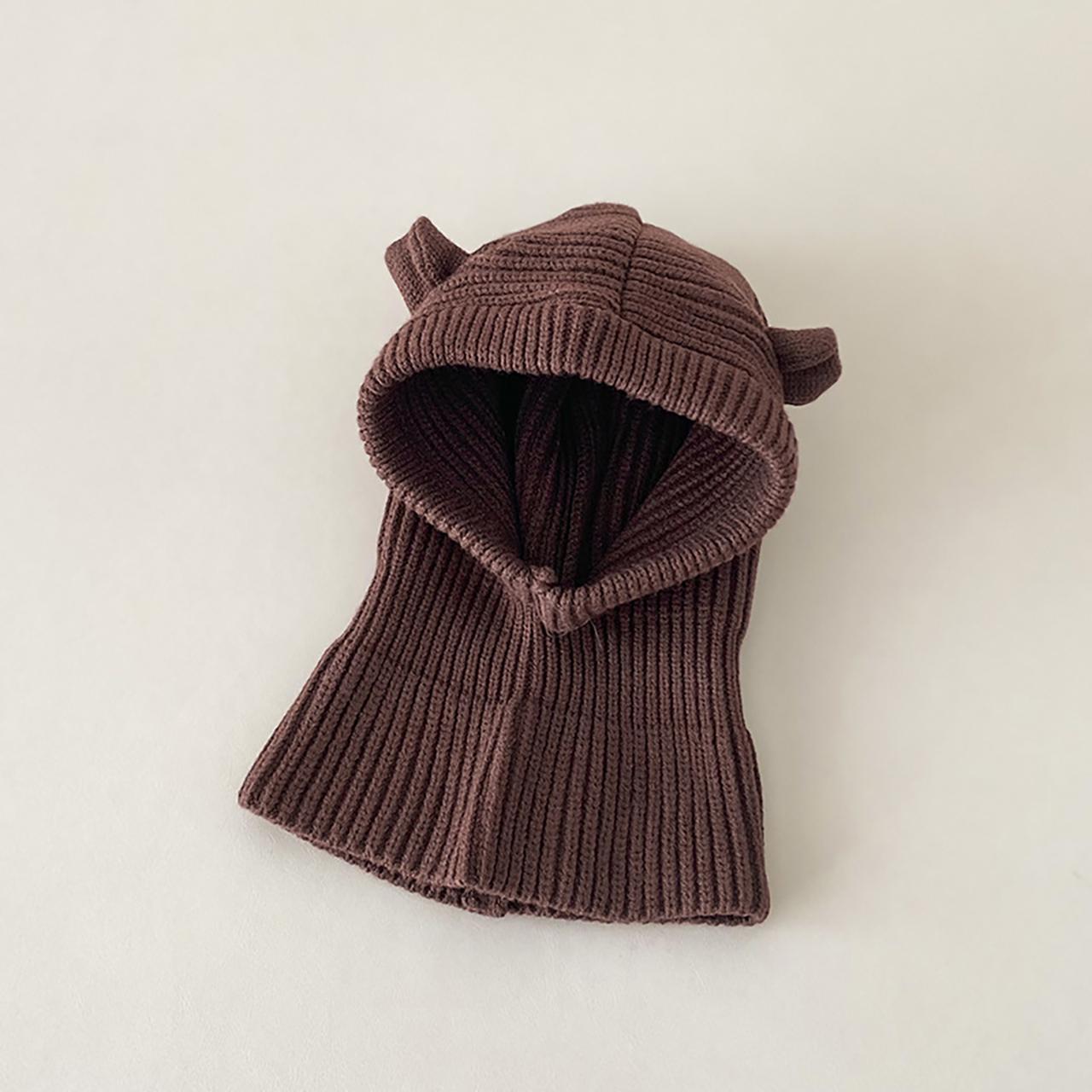 

Детская шапка-бини с капюшоном, мультяшными ушками, балаклава, шапка, шарф для новорожденного, вязаный шерстяной головной убор, зимняя теплая шапка для защиты ушей ребенка кофейный