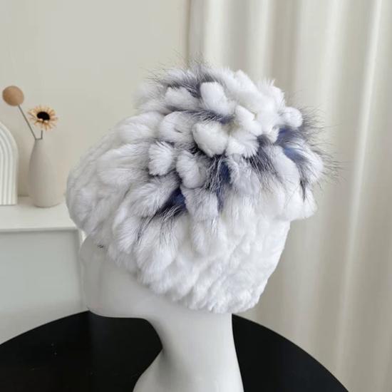 

Меховая зимняя шапка для женщин из 100% натуральной меховой шапки из кролика рекс и лисы ONE SIZE белый