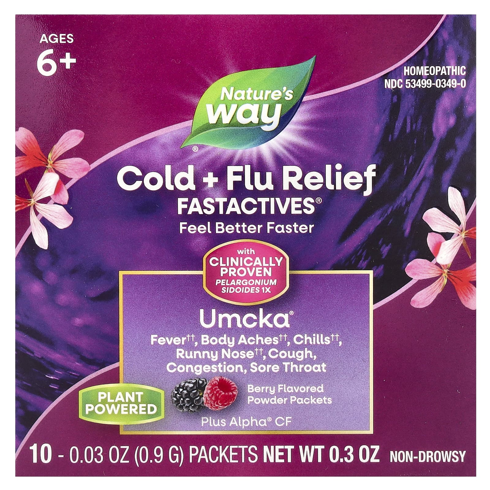

Nature S Way, Umcka®, Cold & Flu Symptom Relief Fastactives®, Ages 6+, Berry Flavor, 10 Packets, 0.9 G (0.03 Oz) Each