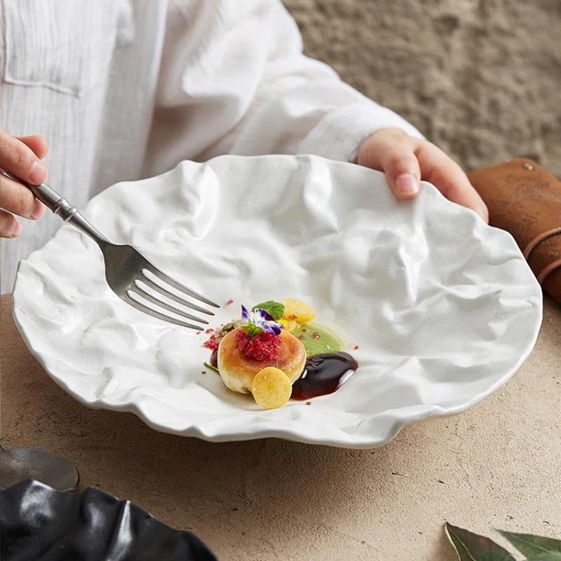 New Ceramic Pleated Western Dining Plate Setting Up Tableware in High-end el Restaurants Household Salad Plate Ceramic Plate