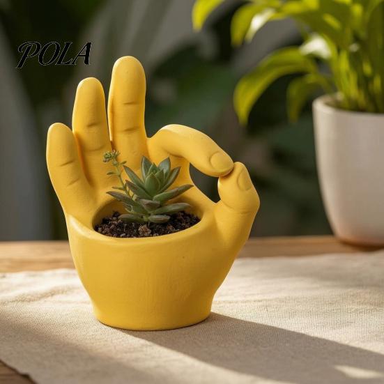Modern Home Office Ornament 3D Printed Hand Gesture Planter, OK Finger Flower Pot, Fun Plant Container Cute Small Cactus for Desk Decor Artistic Shape