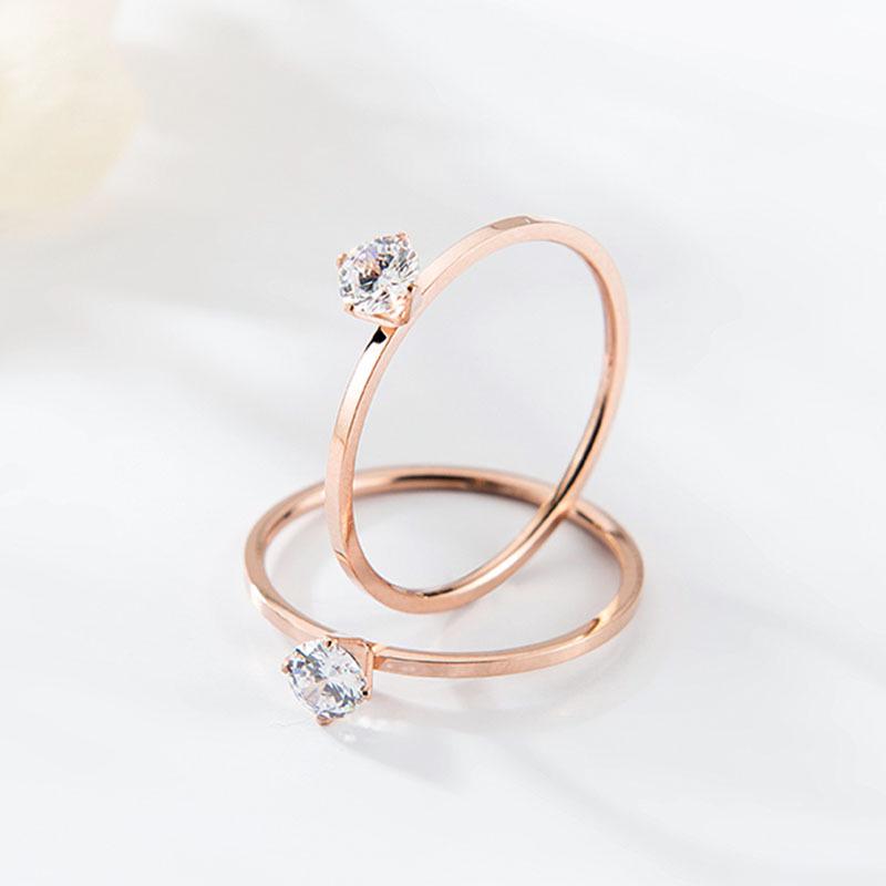 

18k Rose Gold Korean Style Single Diamond Ring – Trendy, Simple, Four-Prong Design for Women US Size 6