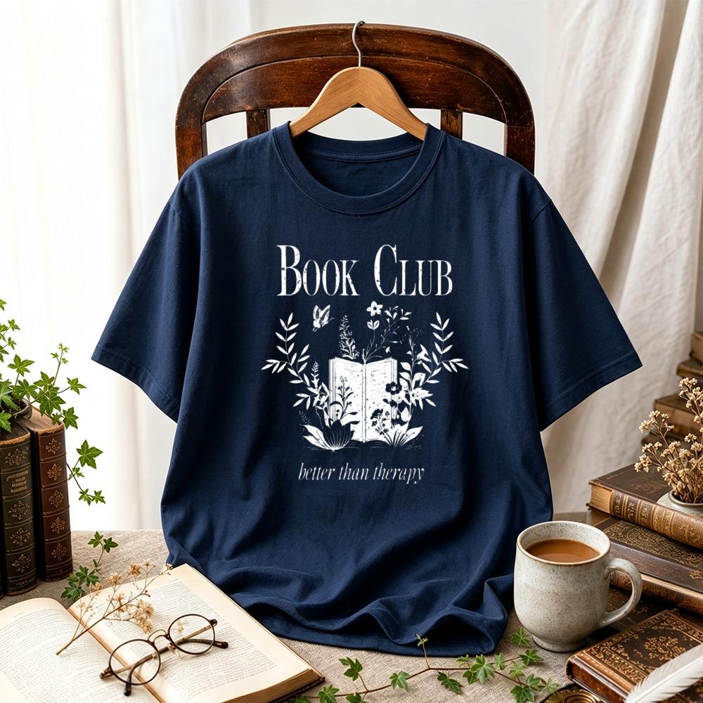 Women Book Club Better Than Therapy Floral Open Book Butterfly Graphic TShirt Book Lover Tee Bookish Cottagecore Casual Tops
