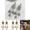 Ethnic Inspired Long Drop Earrings With Bell Tassels And Flower Motif For Ladies