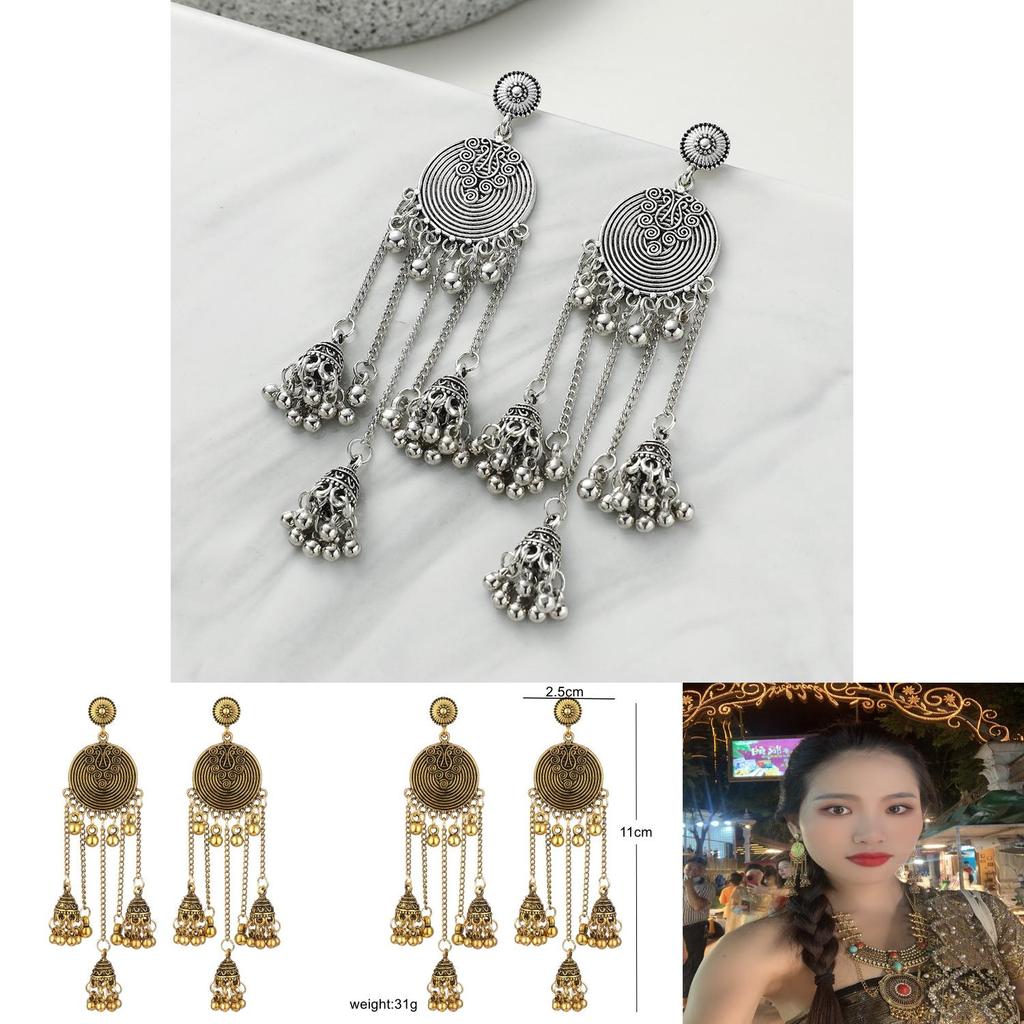 Ethnic Inspired Long Drop Earrings With Bell Tassels And Flower Motif For Ladies
