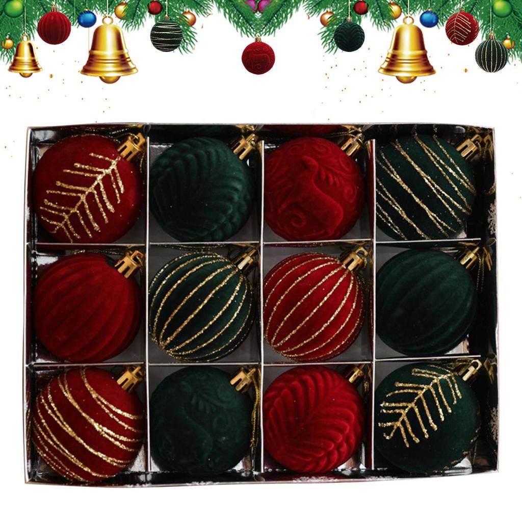 12pcs Wine Red Christmas Ball Ornaments Flocking Christmas Tree Party Decoration New Year Christmas Spheres Pendant Balls