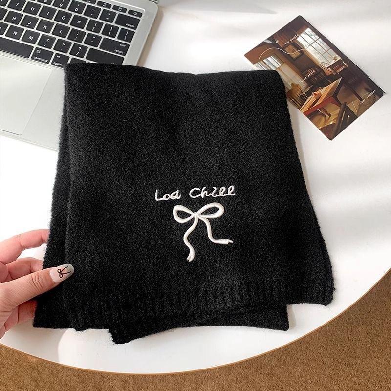 Winter Warm Knitted Scarf Selected Autumn and Winter Wool Blended Monochrome Embroidered Scarf Women's New Versatile Parent Child Style