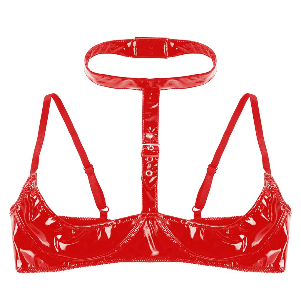 Dámské sexy lakované spodní prádlo s otevřeným košíčkem podprsenka Crop Tops