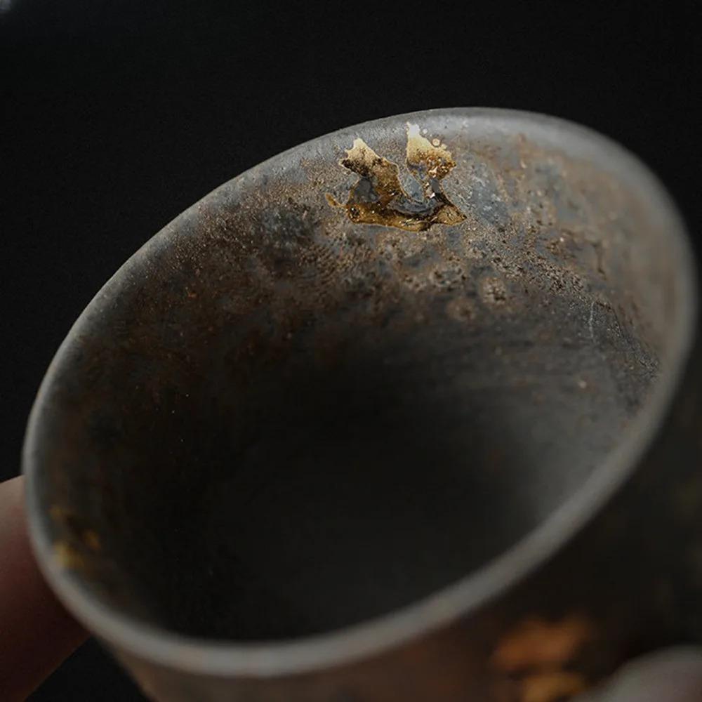 Handmade Sprinkle Gold Coarse Teacup Retro Rust Glazed Master Cup Cup Saucer Set Tasting Tea Bowl with Cushion Kung Fu Teaset