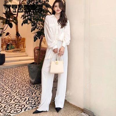 Women's Temperament Wide Leg Pants Set Vintage White Large Size Loose Casual Sunscreen Shirt Breathable Two-piece Set