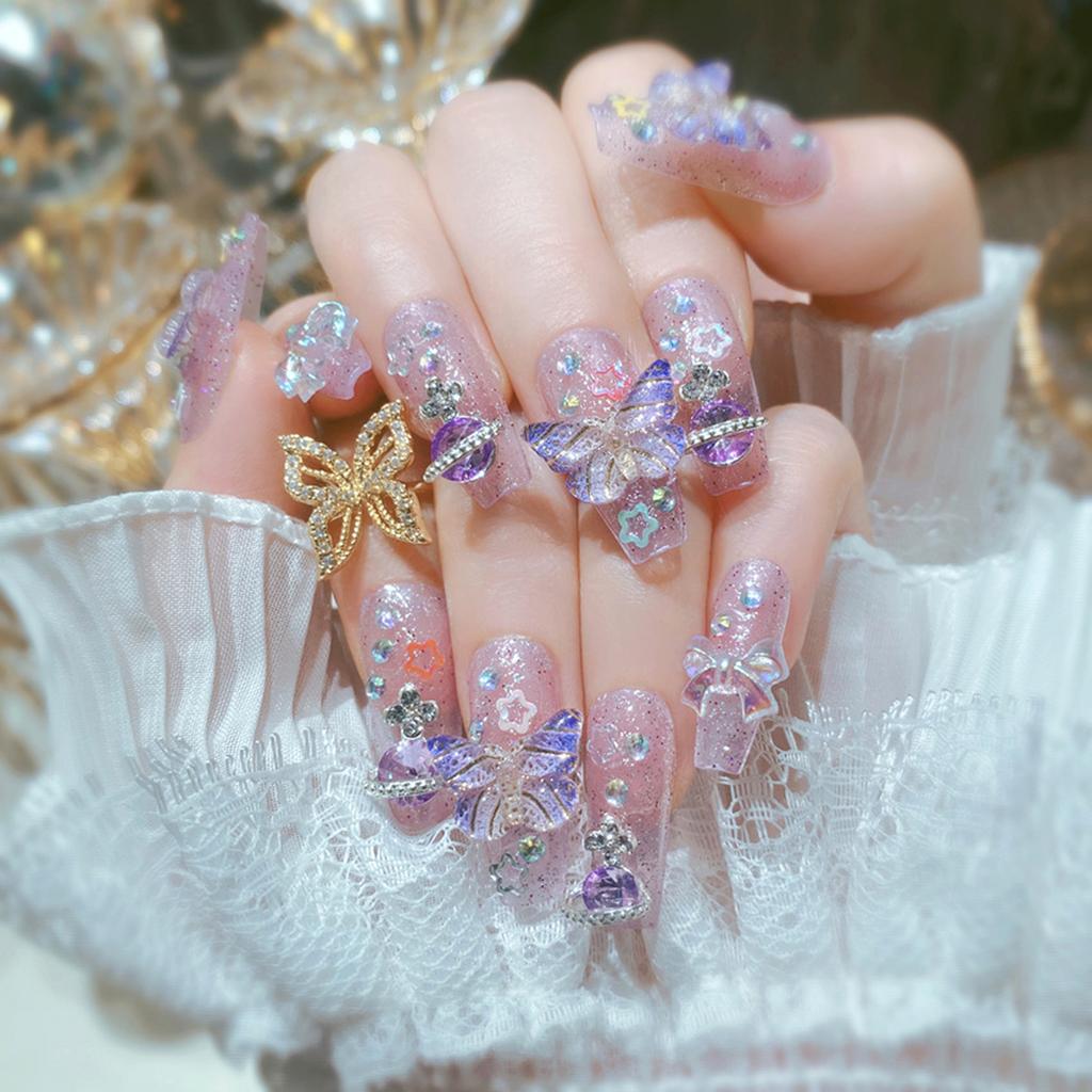 24 Pcs Long Press On Nails With Diamond Pearl Glitter Design Reusable Acrylic Artificial Nail Tips Set