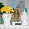 Modern Dried Flower Vase Hollow Ceramic Ginger Jar Desktop Storage Jar with Lid Home Decoration Flower Arrangement Accessories