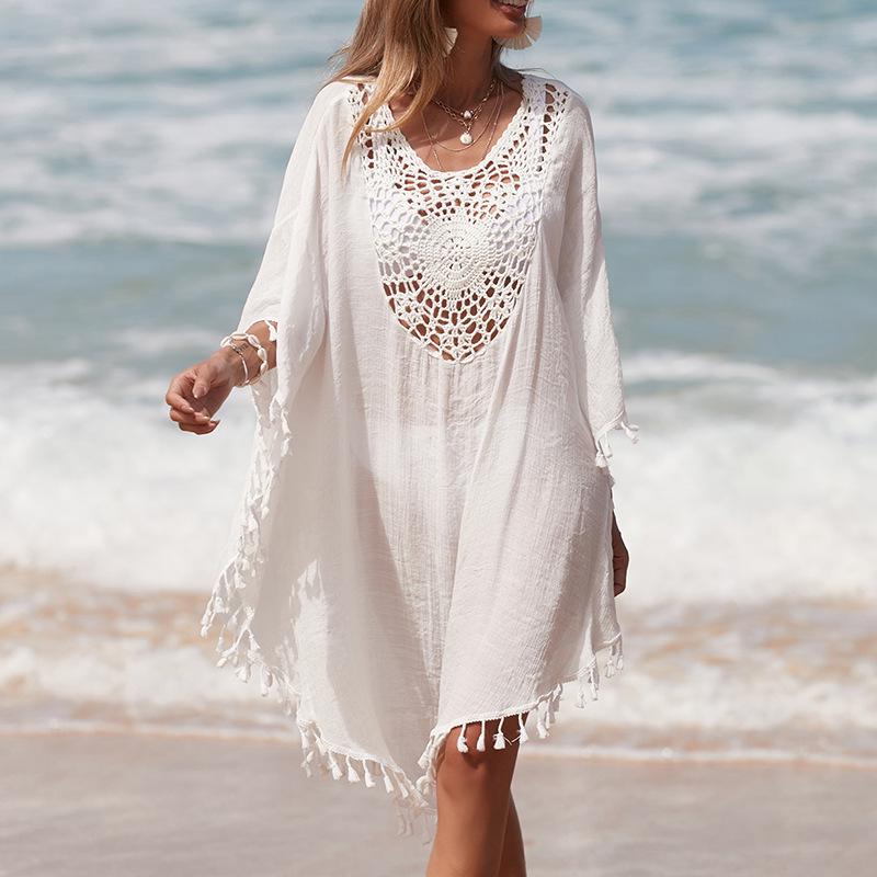 Cross-border Holiday Crochet Patchwork Tassel Beach Skirt and Sun Protection Cardigan Cover-up