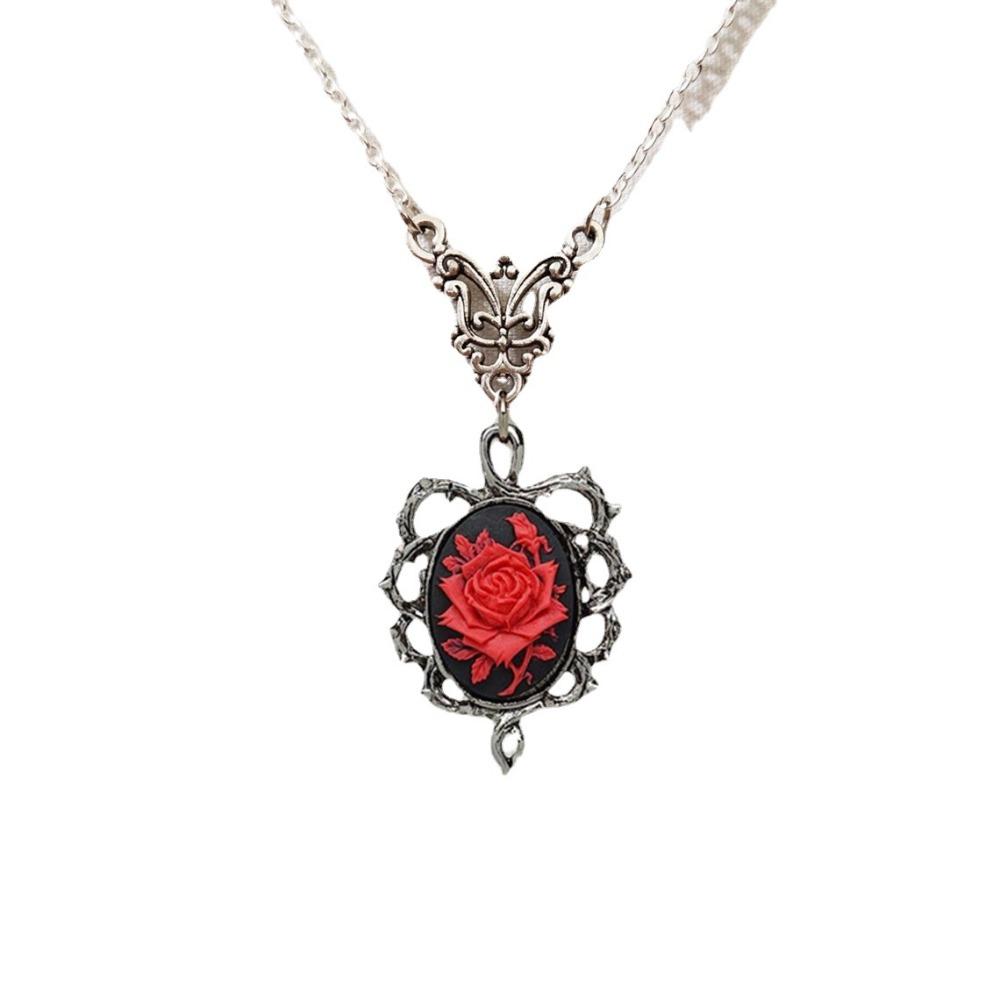Fashion Gothic Red Rose Cameo Sliver Color Oval-shaped Thorny Frame Pendant Necklace for Women Halloween Retro Charm Jewelry