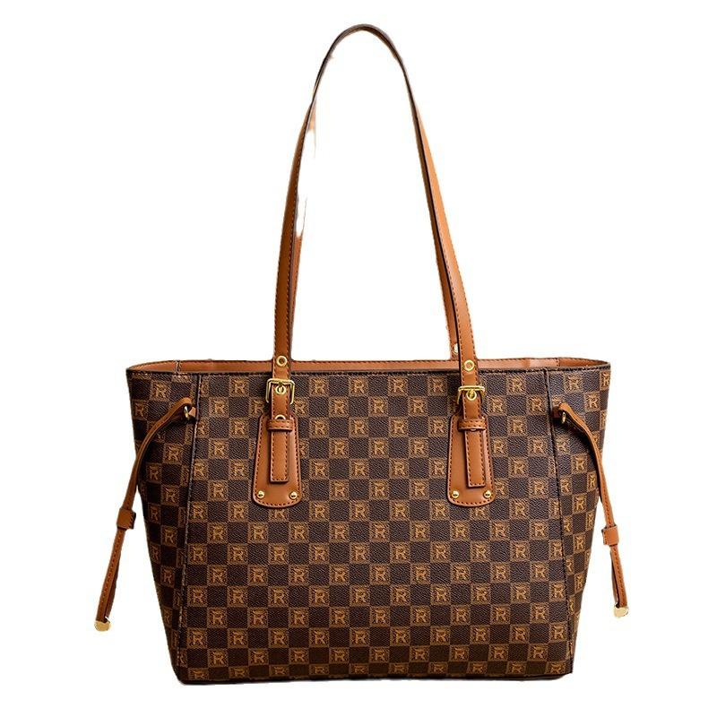 Light Luxury French Large Capacity Women's Tote Bag Business Commuter Checkerboard Shoulder Bag Retro Trendy Set Up Bag