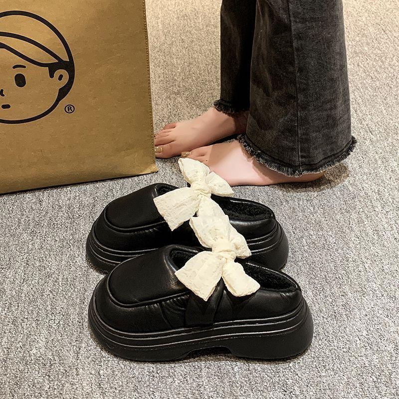 Thick-soled Women's Thermal Cotton Slippers Bow Mary Jane 2025 Autumn and Winter New Outer Bag Shoes
