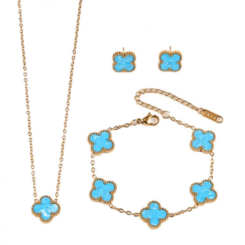Four-leaf Clover Three-piece Necklace Bracelet and Earring Set - A Luxurious Colorful Fashion Jewelry Set