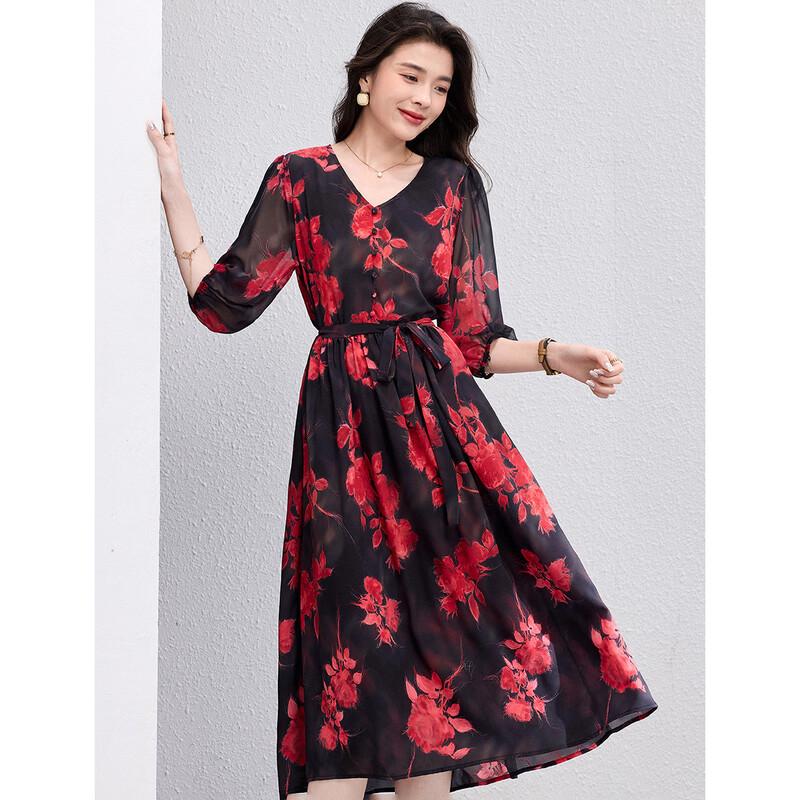 Oudefu Women s Fashion Casual V-Neck Mid-Length Dress L