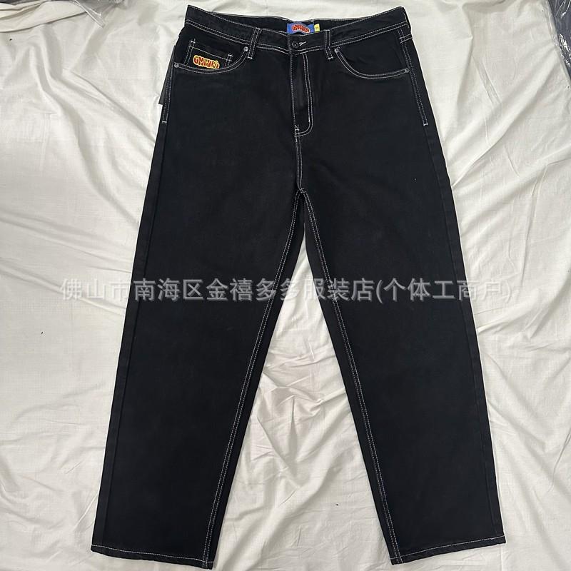 Mens Black Denim Skateboard Pants Straight Fit Embroidered Casual Wear