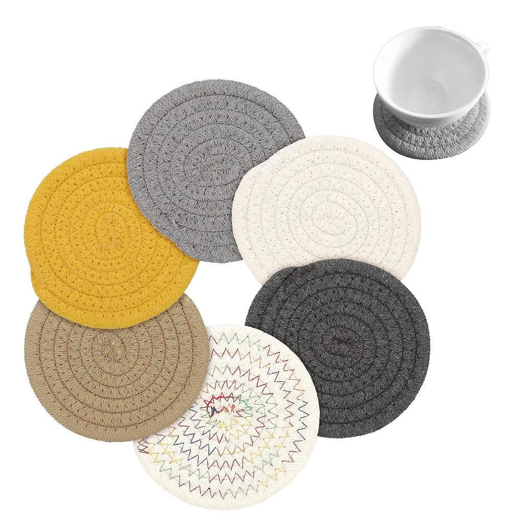 Tmtop Absorbent Coasters, Heat-Resistant, Set of 6, 11cm Diameter, Thick, Insulating, Round, Stylish, Hand-Knitted Cotton Tea Pads for Tea, Drinking,