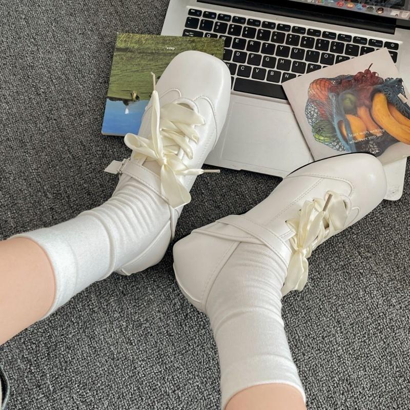 Fashion Square Toe Shallow Mouth Mary Janes New Women's Inside Heightened Ribbon Bow Casual Soft Sole Non-Slip Single Flat Shoes