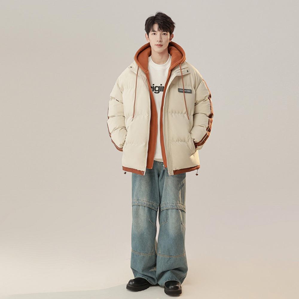 2025 Teen Warm Clothing Men's Winter Clothing Fake Two Pieces Thickened Hooded Trendy Brand Couple Simple Hundred Padded Clothes Men