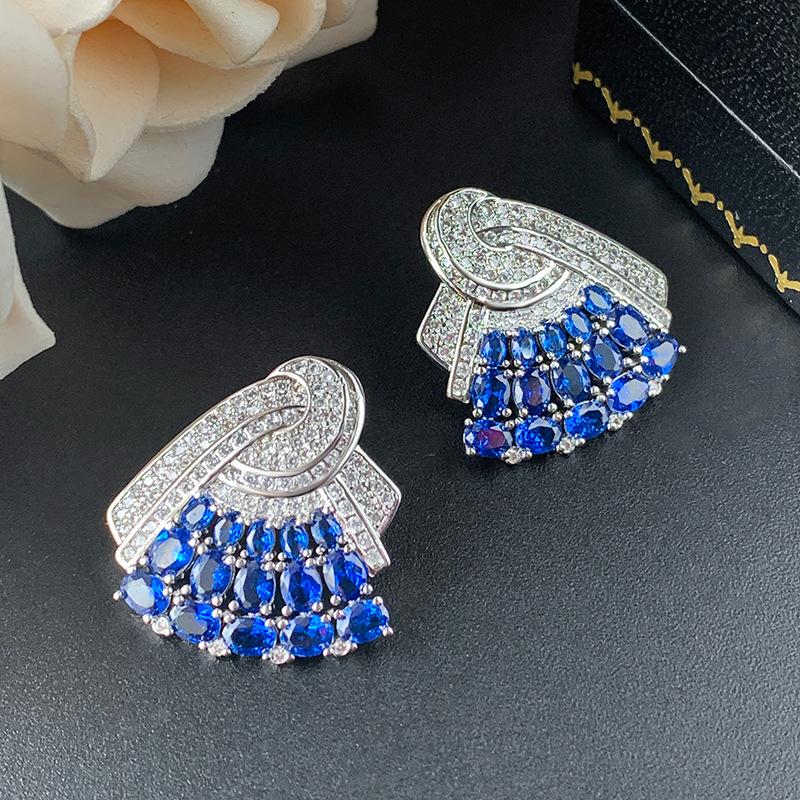 

stud earrings jewelry S925 silver needle fan-shaped red corundum blue spinel women s luxury temperament versatile fashion