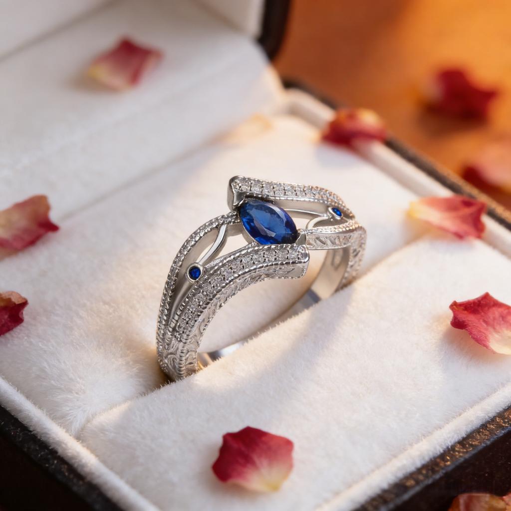 Navy Blue Gemstone Ring for Women, Modern Geometric Design CopperRing, Romantic Engagement & Party Jewelry Gift for Her