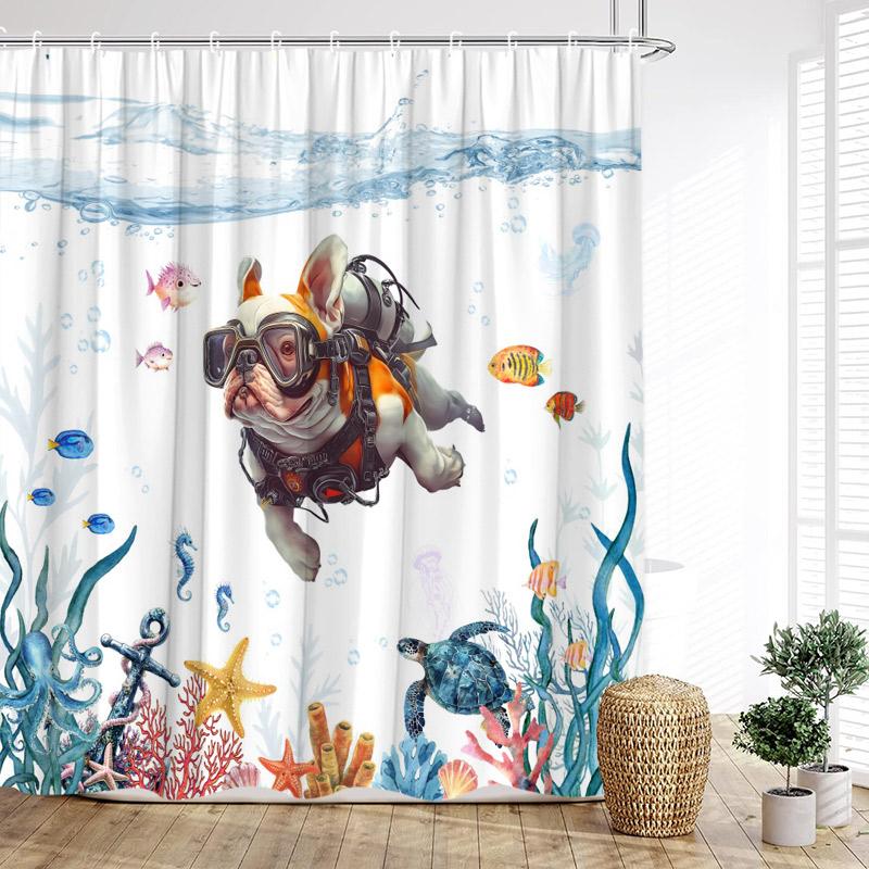 Funny Diving Cat Dog Shower Curtain Cute Cartoon Bathing Animals Sea Turtle Underwater Scenery Kids Bathroom Curtains Decor Set