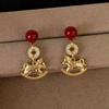 Red Little Horse Copper Coin Earrings - Luxurious Holiday Studs for Women