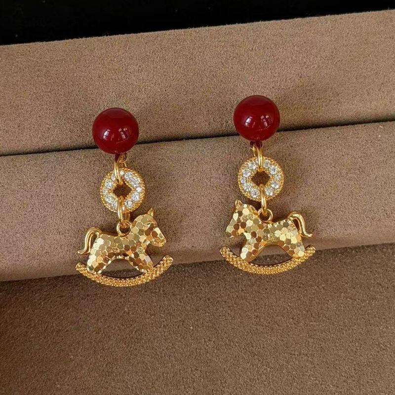 Red Little Horse Copper Coin Earrings - Luxurious Holiday Studs for Women