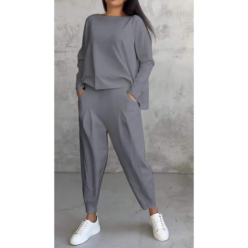 Women's Solid Color Crew Neck Long Sleeve Top & Pleated Pocket Harem Pants 2 Piece Loungewear Outfit Set