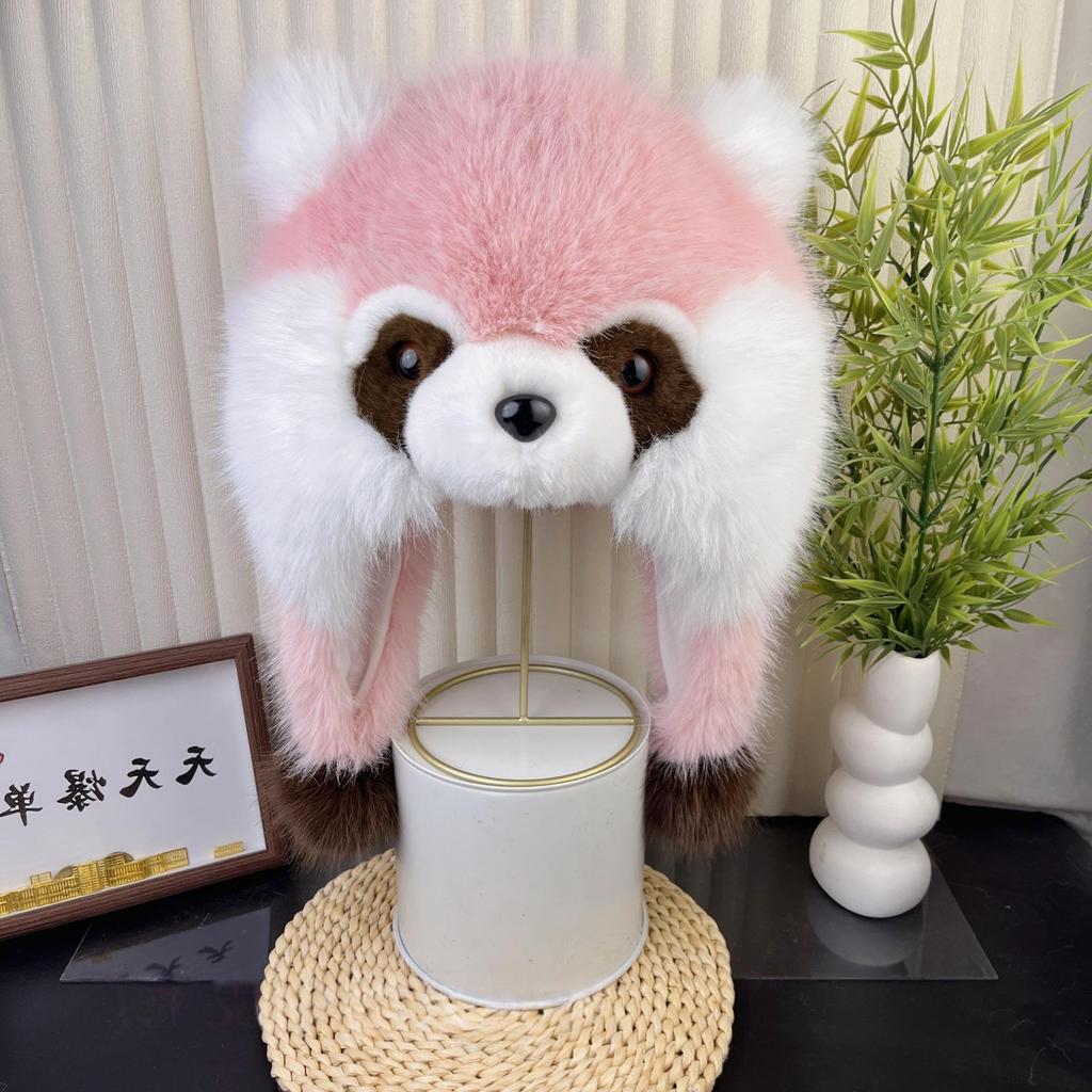 Women's Faux Fur Raccoon Earflap Hat, Large Size, Warm for Autumn/Winter, Plush Fox Lei Feng Style.