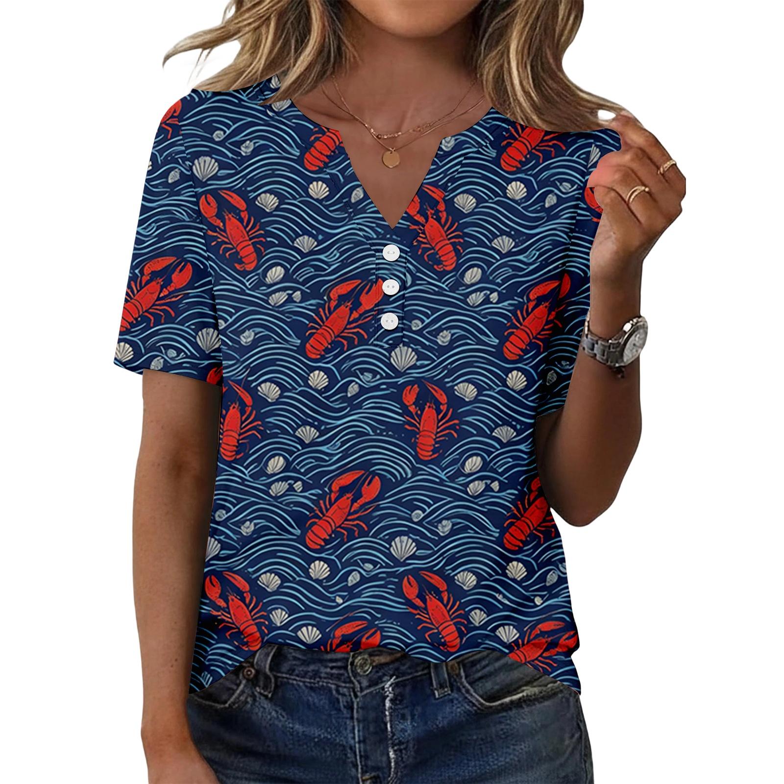 Women s Casual V-Neck Short Sleeve Button Front T-Shirt with Print L синий