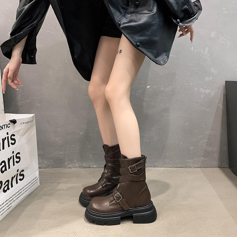 Fashion temperament brown thin British style platform Martin boots women's 2025 new autumn small thick heel short boots
