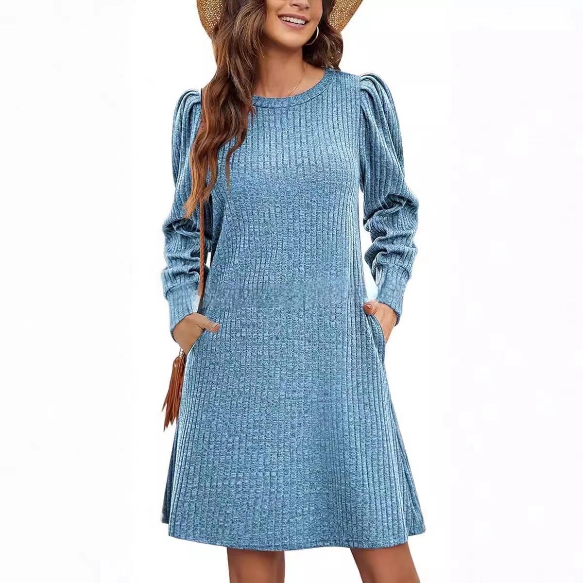 

Модное женское трикотажное пышное платье-туника с длинными рукавами и круглым вырезом на осень/зиму XXL небесно-голубой