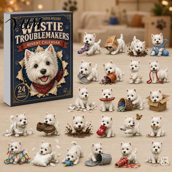 Cute Animal Desk Ornaments 24 Days Dog Advent Calendar 2026, 2D Acrylic Puppy Christmas Pajamas Series Hanging Pendants Countdown Calendar,
