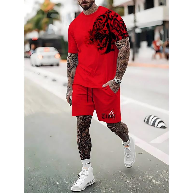 Modisches Löwen Tiger Tier Grafik T-Shirt Shorts Set Sommer Kurzarm Oberteil Kordelzug Shorts 2-teiliges Set Herren Sportbekleidung Anzug