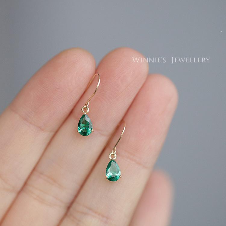 14K Gold-Plated S925 Silver Handmade Retro Earrings with Emerald Zircon Water Drop Design Gold Pair