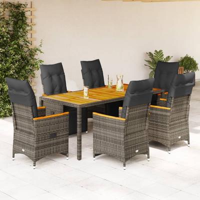 Vidaxl 7-Cz. Bistro Furniture Set with Cushions, Grey, Poly Rattan