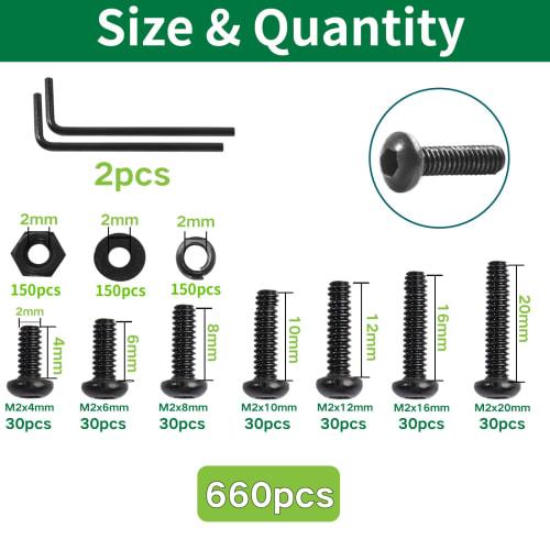 Zmbroll 660pcs M2 Button Head Hex Socket Cap Screws, Fully Threaded Metric Machine Screws, M2x4/6/8/10/12/16/20mm, Mini Screws, 10.9 Grade Alloy Steel