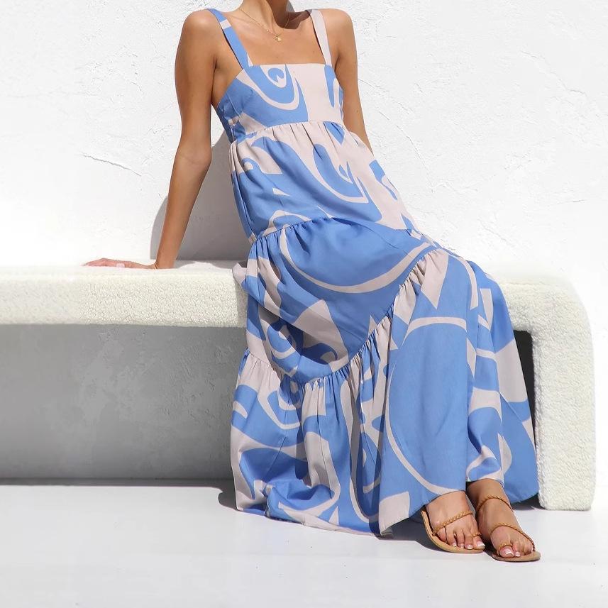 Womens Summer Boho Floral Dress Spaghetti Strap Square Neck Ruffle Casual Flowy A-Line Beach Swing Party Long Sundress Sleeveless Maxi Dress for Women