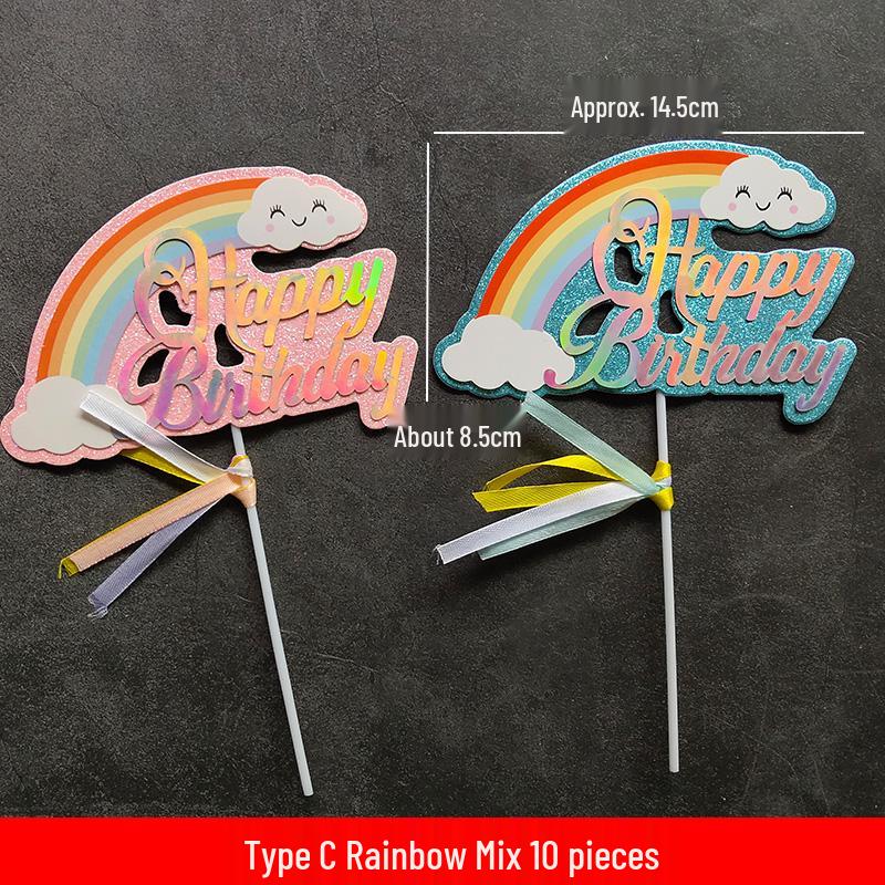 Large Rainbow Birthday Cake Toppers: Seven-Color Balloons, Love Hearts, Clouds, Stars Ornaments