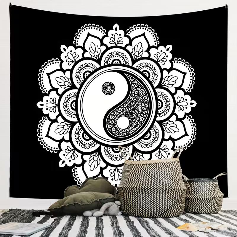 2D Spiritual Mandala Tapestry Yin Yang Symbol Black White Home Decor 47.2x31.5inch/120*80cm